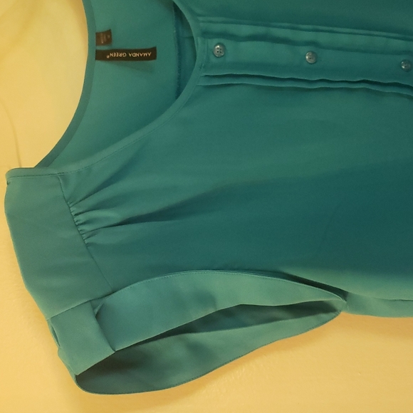 Amanda Green medium blue short sleeve button down style dress top polyester - Picture 3 of 11